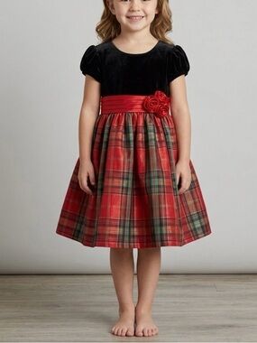 Bonnie Jean Girls Christmas Velvet & Plaid Dress with Satin Bow